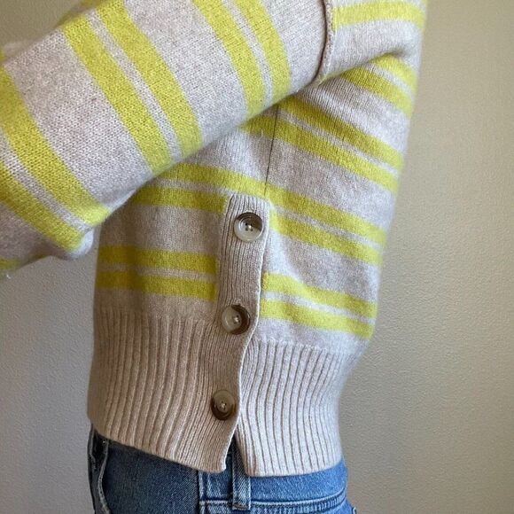 Aqua Womens Beige Yellow Striped 100% Cashmere Crewneck Soft Sweater Sz S - Picture 5 of 10